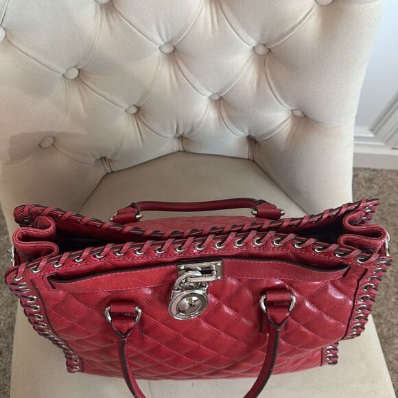Michael Kors Red Quilted Leather Hamilton Large Tote Bag Shoulder Bag - Picture 11 of 13